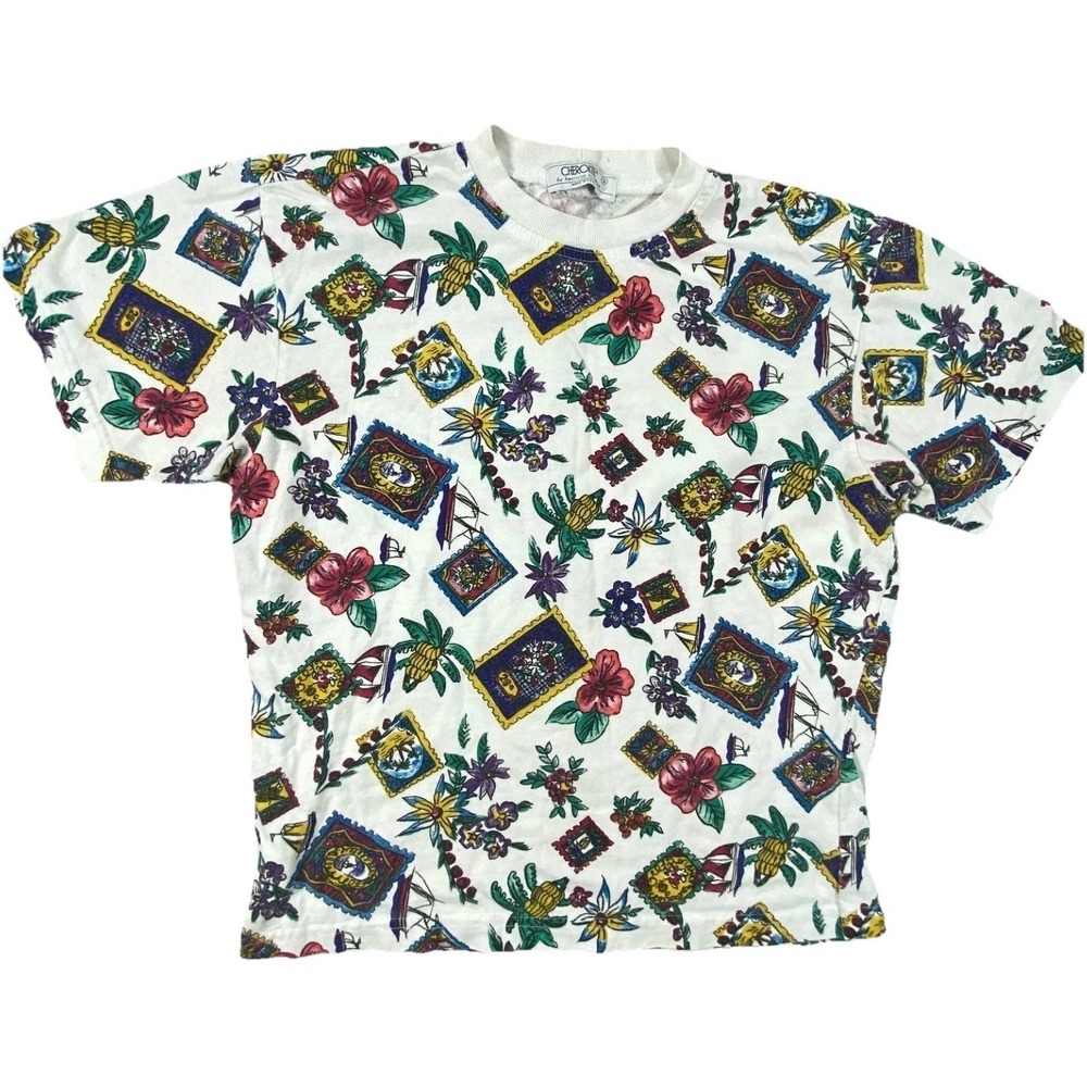 Cherokee T Shirt Womens Small White All Over Print Short Sleeve Graphic Crewneck